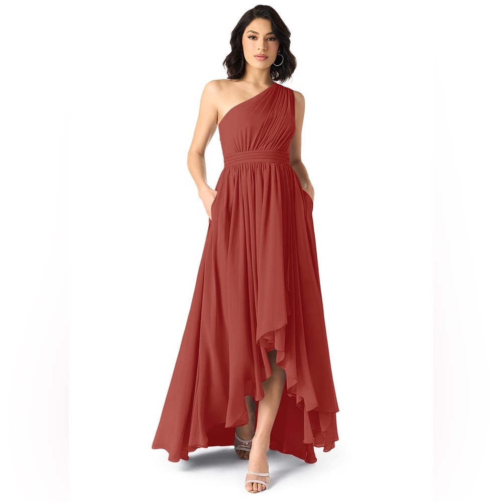 One-Shoulder Ruffled High-Low Chiffon Maxi Dress with Pockets - Rust/Terracotta